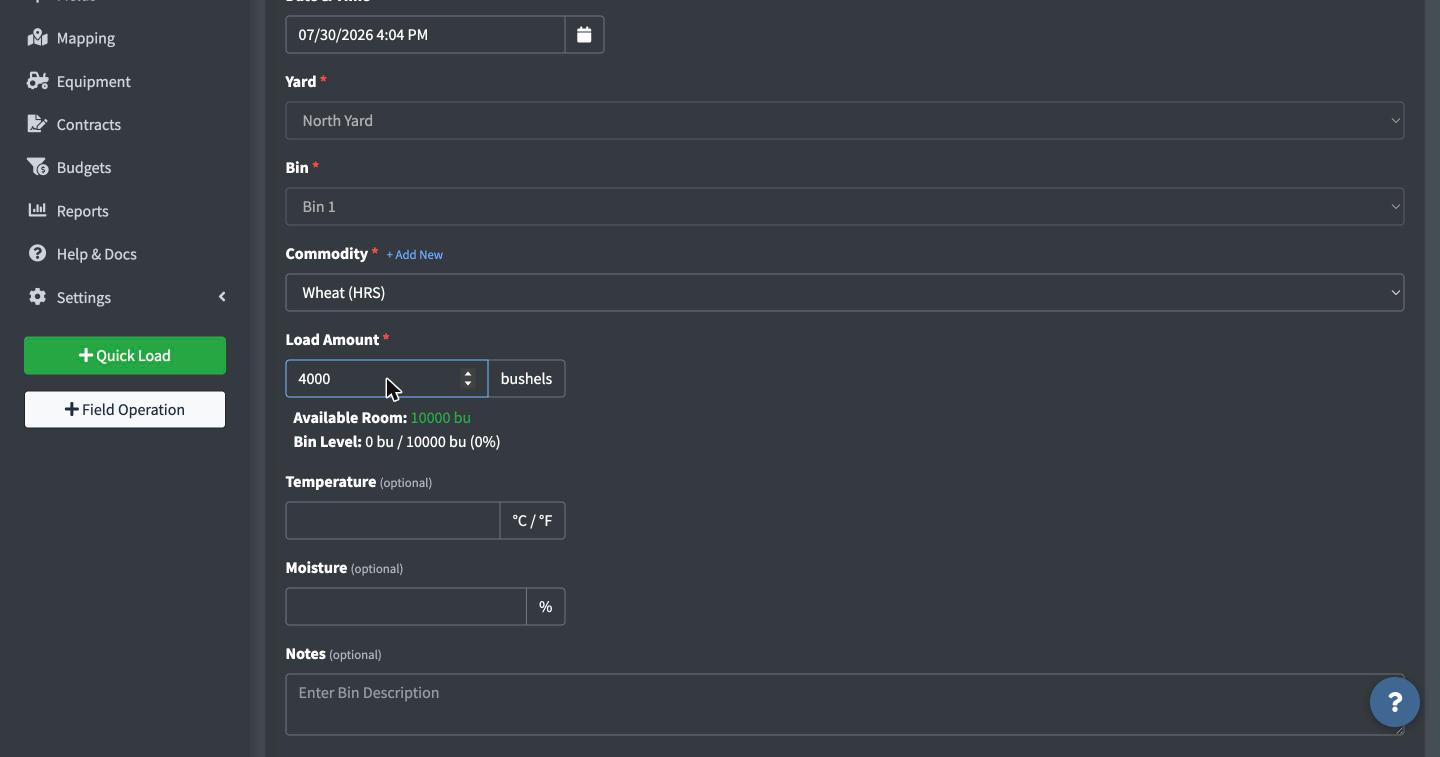 Add New Load form filled out with commodity and quantity