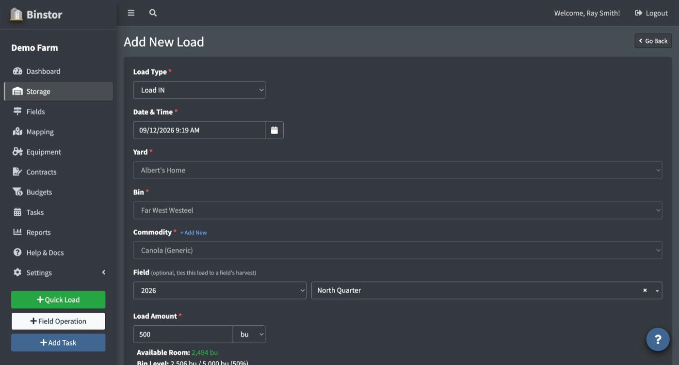 Add New Load form filled out with commodity, field, and quantity