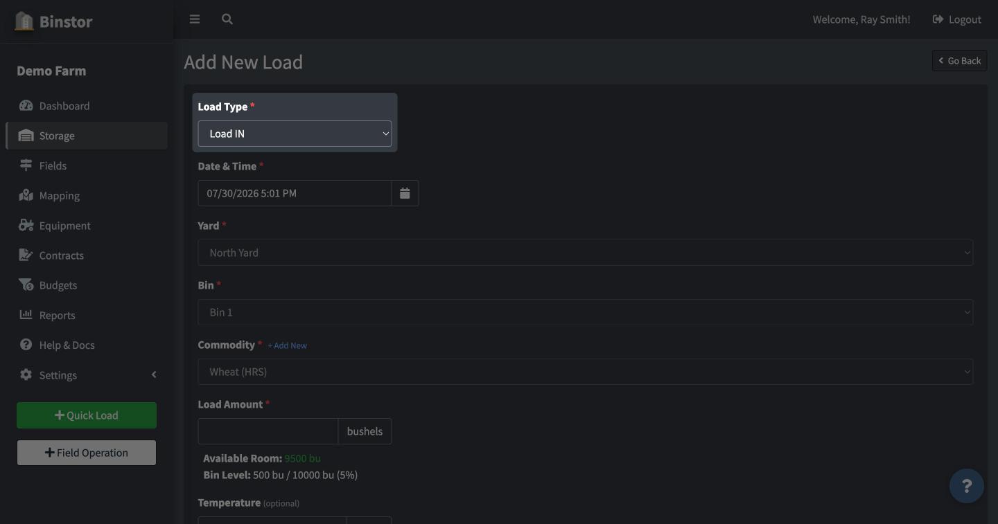 Add New Load form with Load Type set to Load IN