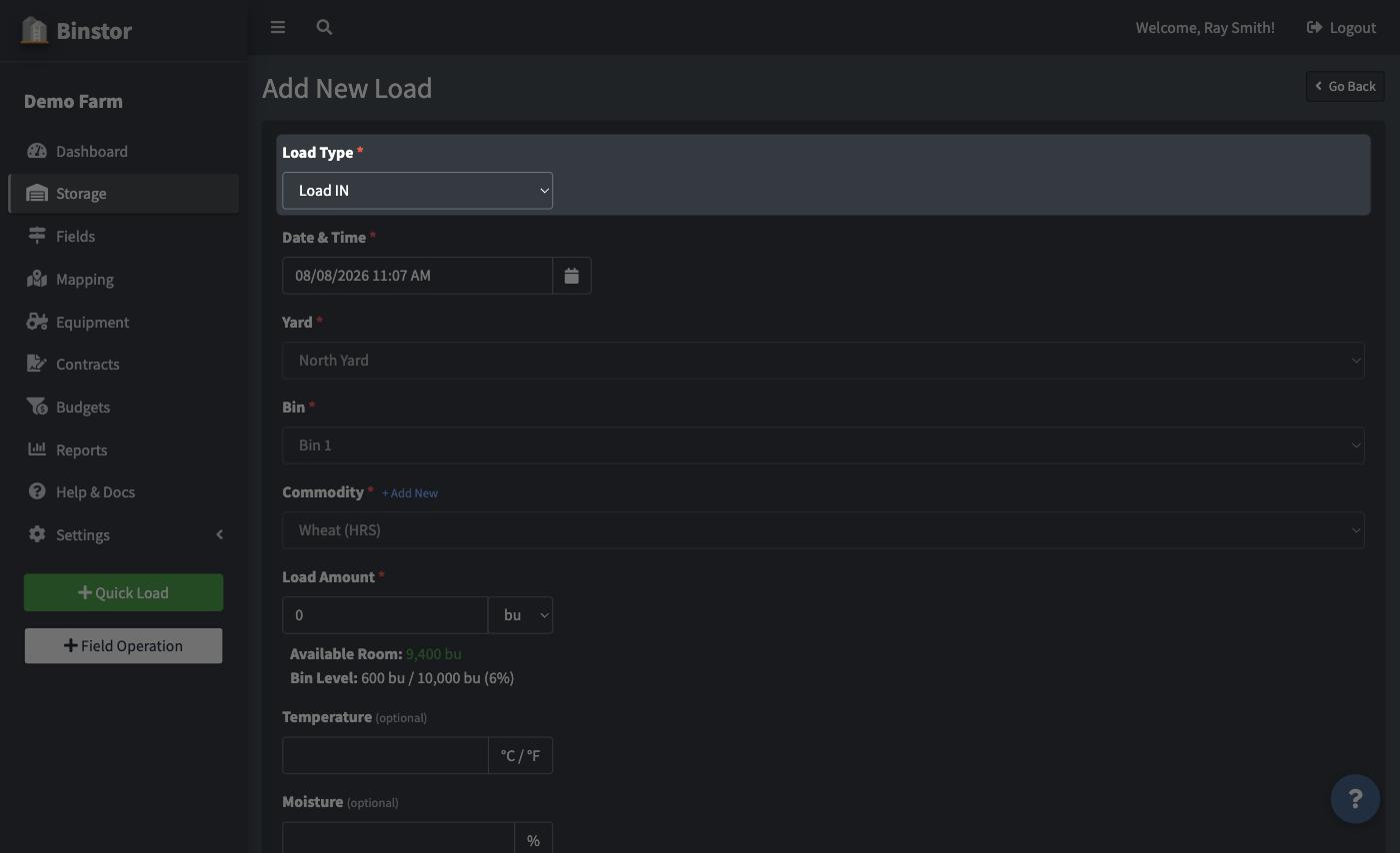 Add New Load form with Load Type set to Load IN