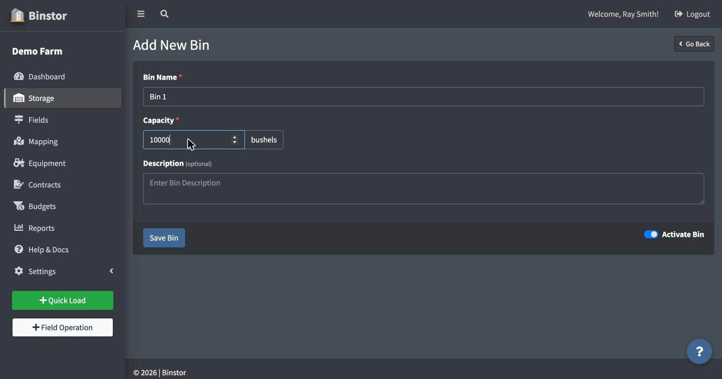 Add New Bin form filled out with a name and capacity
