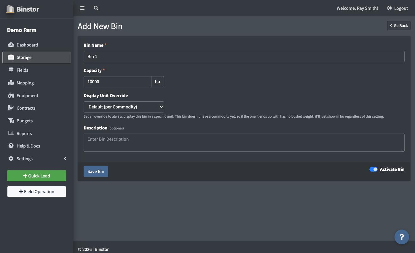 Add New Bin form filled out with a name, capacity, and unit override
