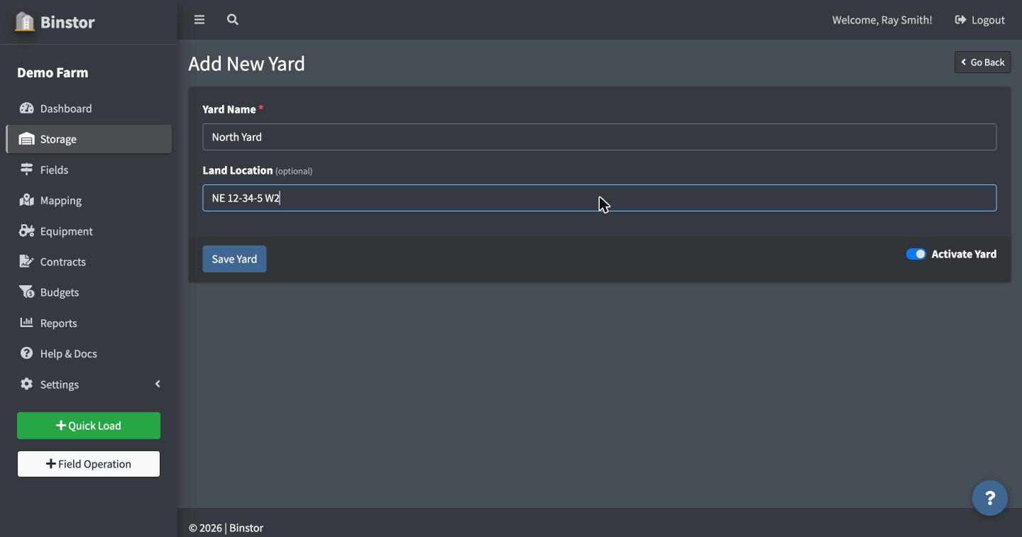 Add New Yard form filled out with a name and land location