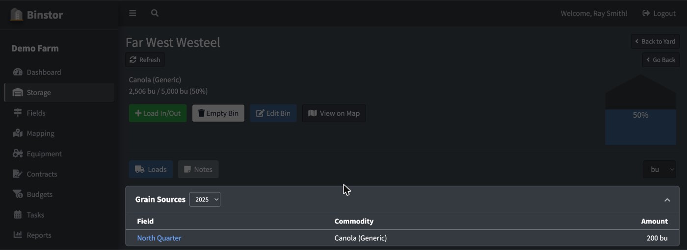 Bin page showing the Grain Sources card broken down by Field and commodity