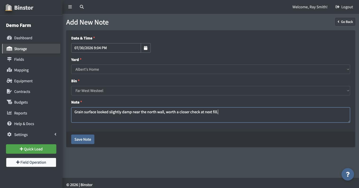 Add New Note form with the date and note text filled in