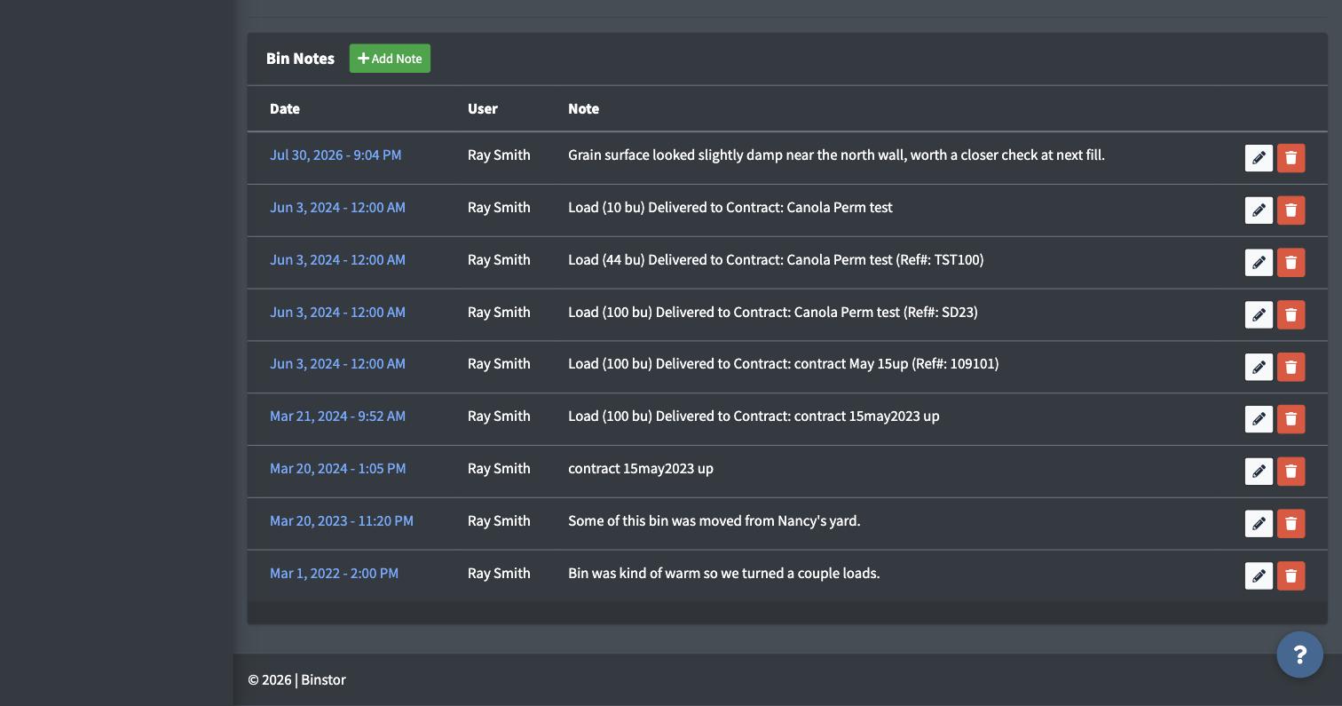 Bin Notes list showing the newly added note at the top