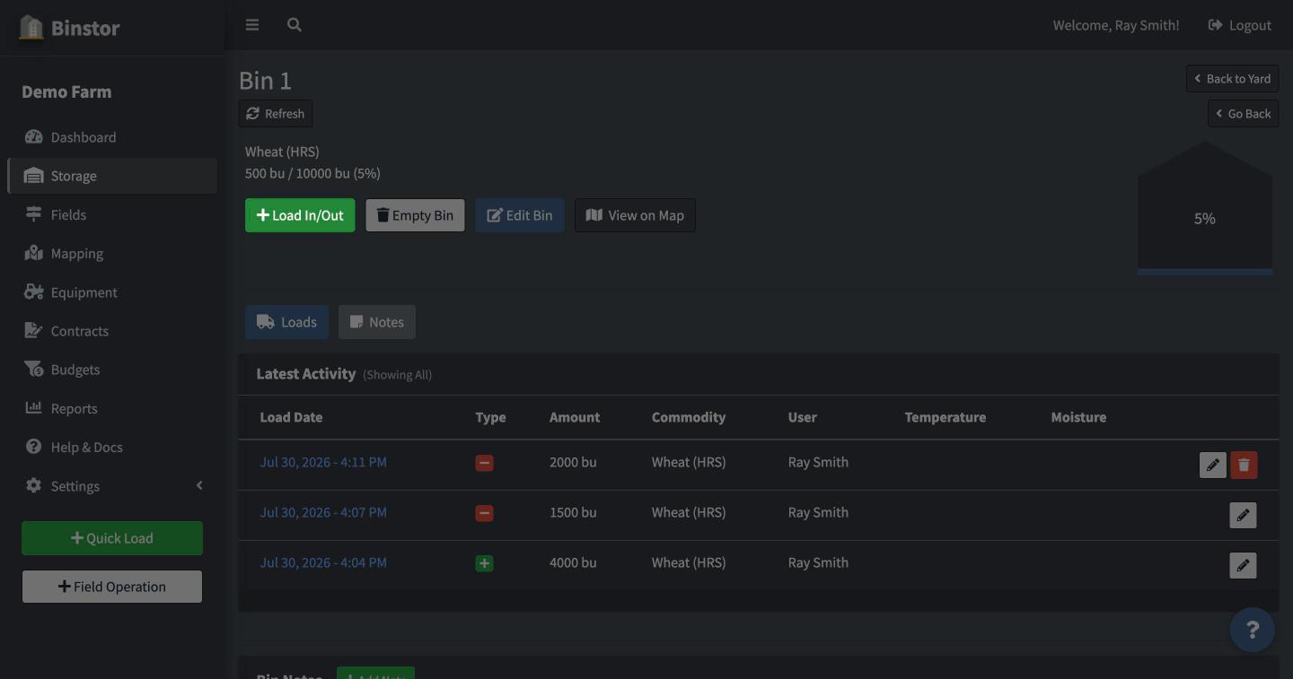Bin page with the Load In/Out button