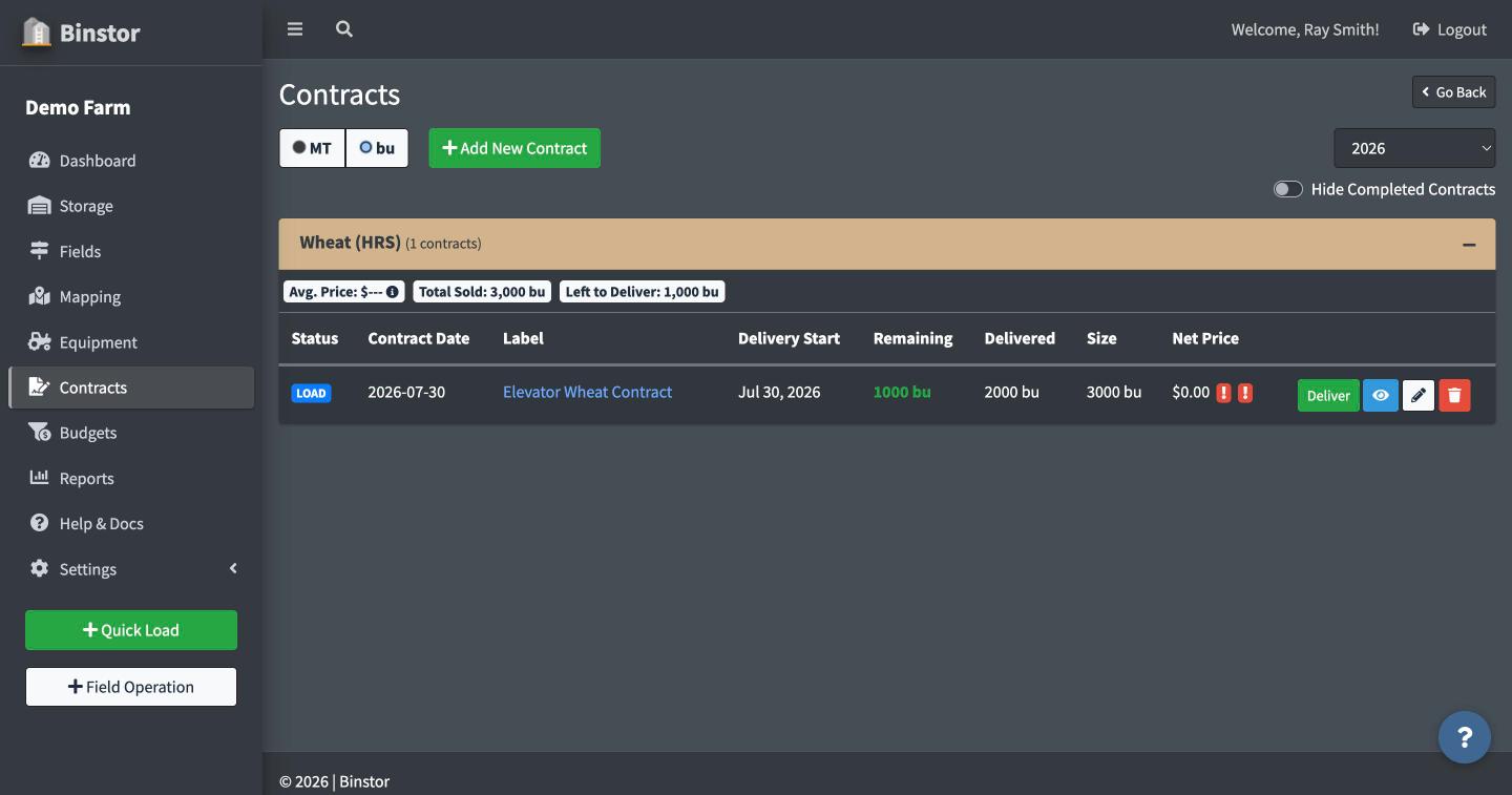 Contract list showing updated Delivered and Remaining amounts