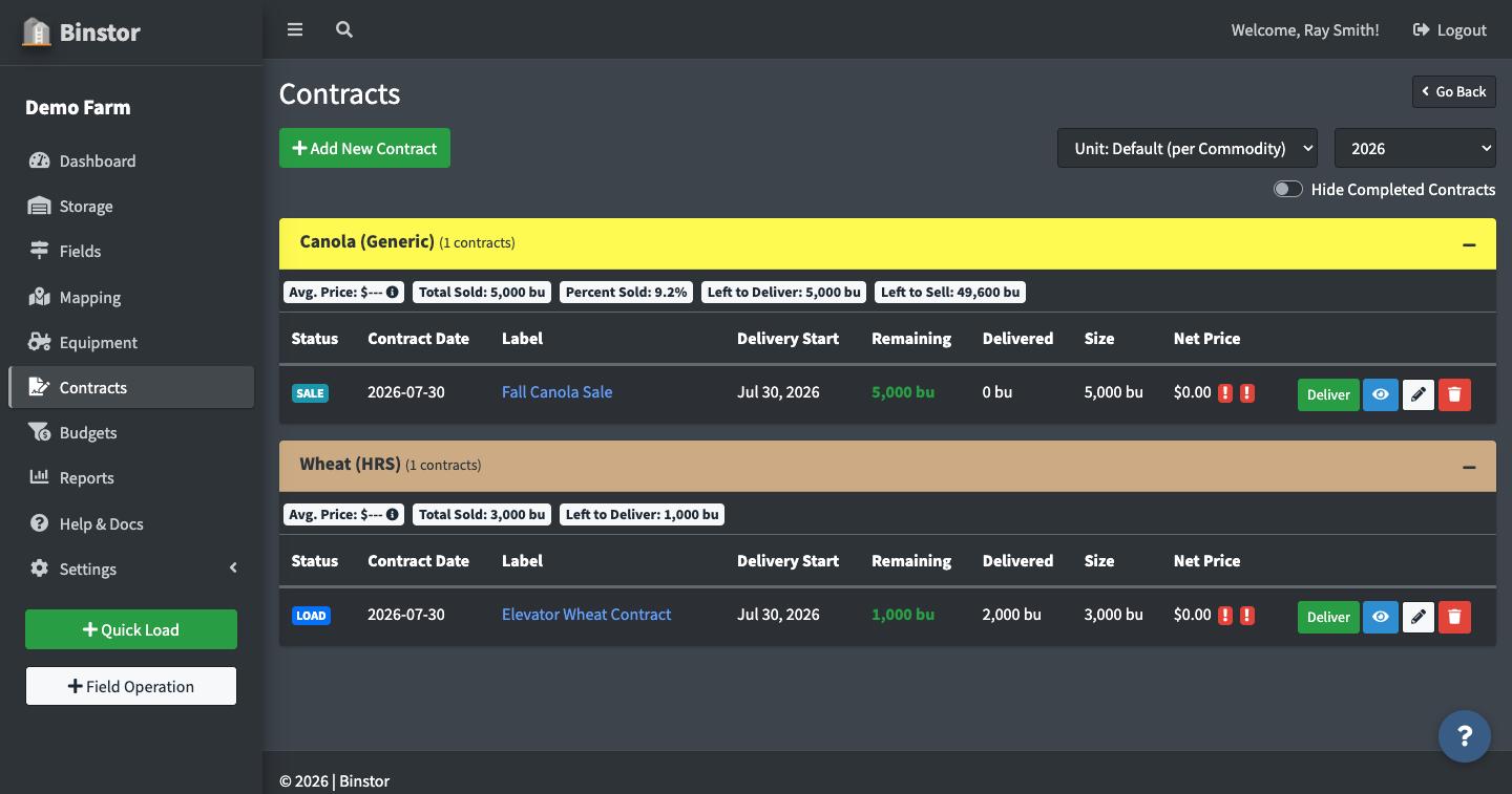 Contract list showing updated Delivered and Remaining amounts