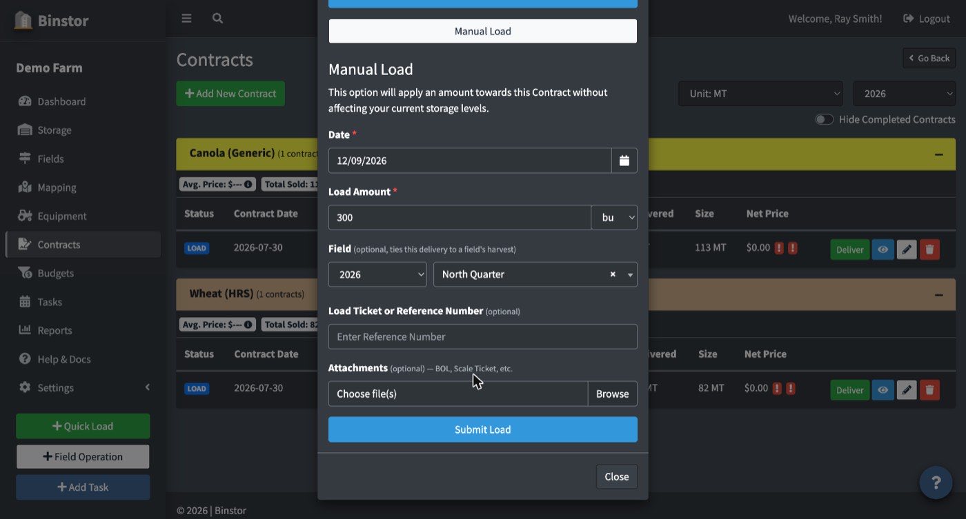 Manual Load form on a Contract, filled out with amount and an optional Field tag