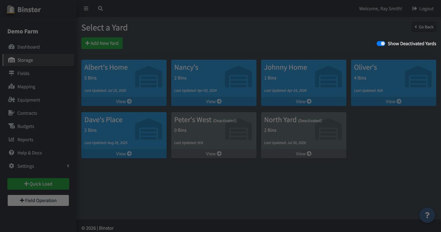 Storage page with Show Deactivated Yards toggled on, showing a deactivated yard