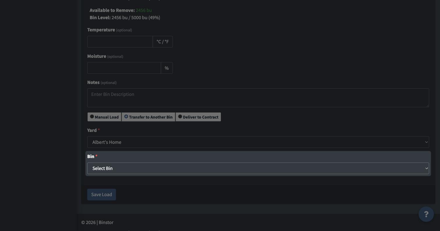Transfer form with the destination Bin dropdown highlighted