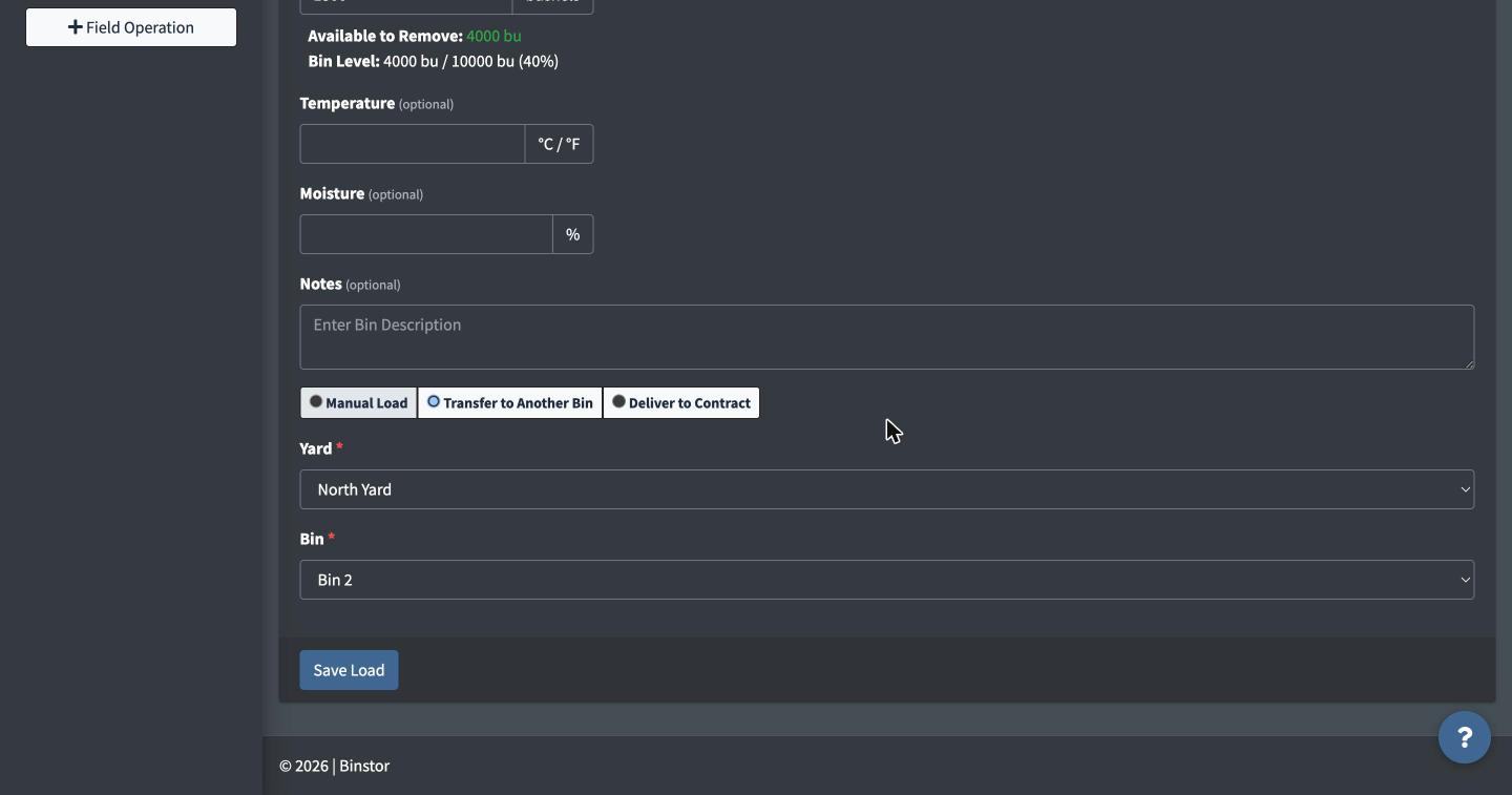 Transfer form with destination Yard and Bin selected