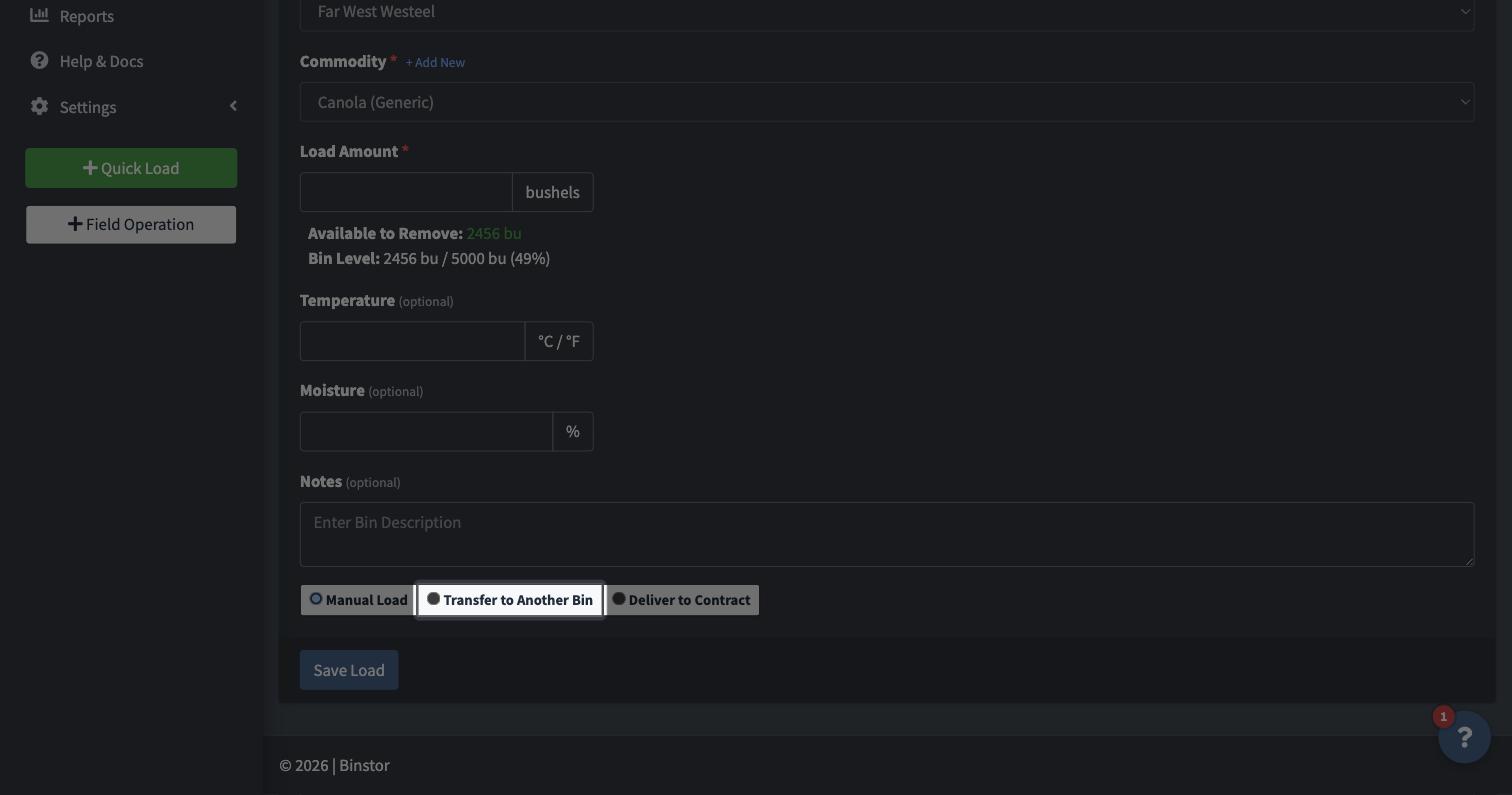 Load form with the Transfer to Another Bin radio option highlighted