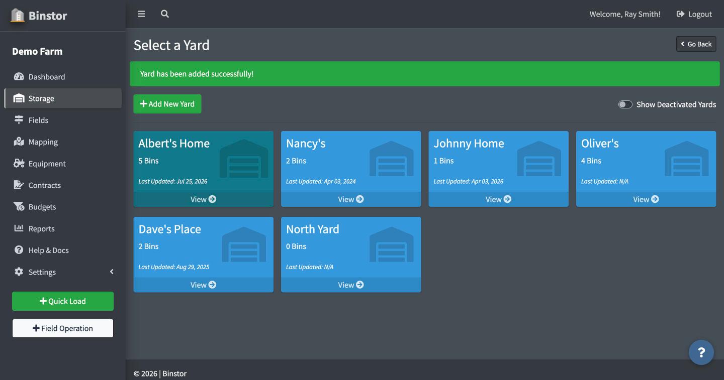 Yard list showing the success message and the new Yard card
