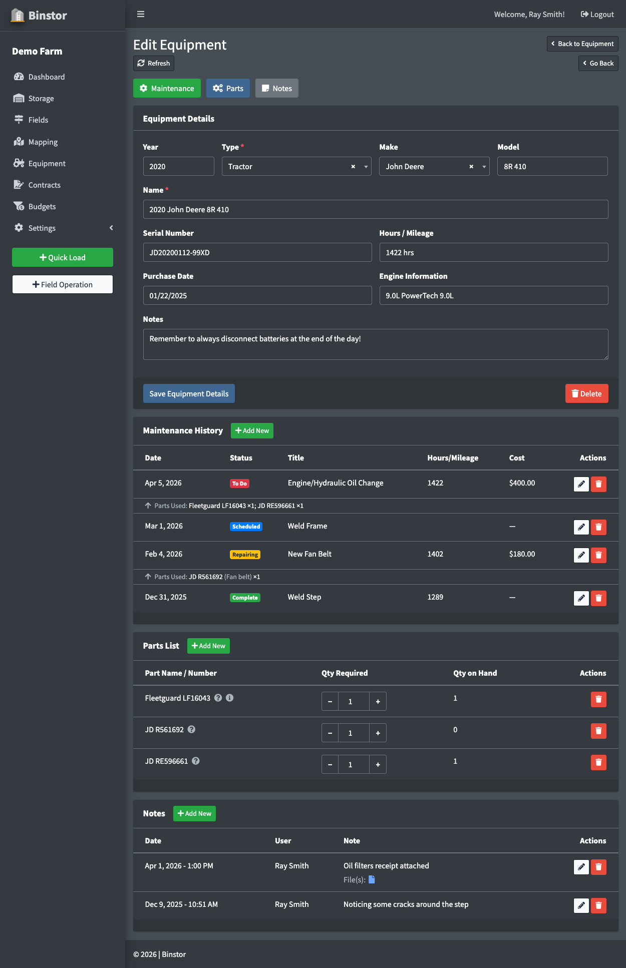 Equipment Management Software showing maintenance and service records