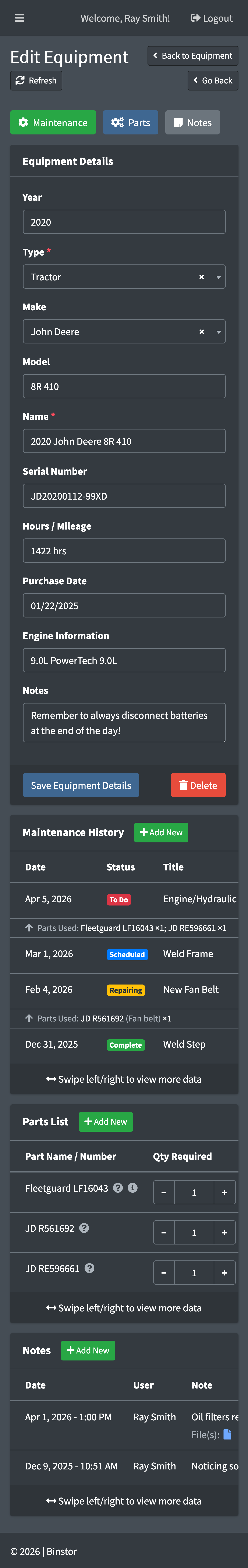 Equipment Management Software showing maintenance and service records