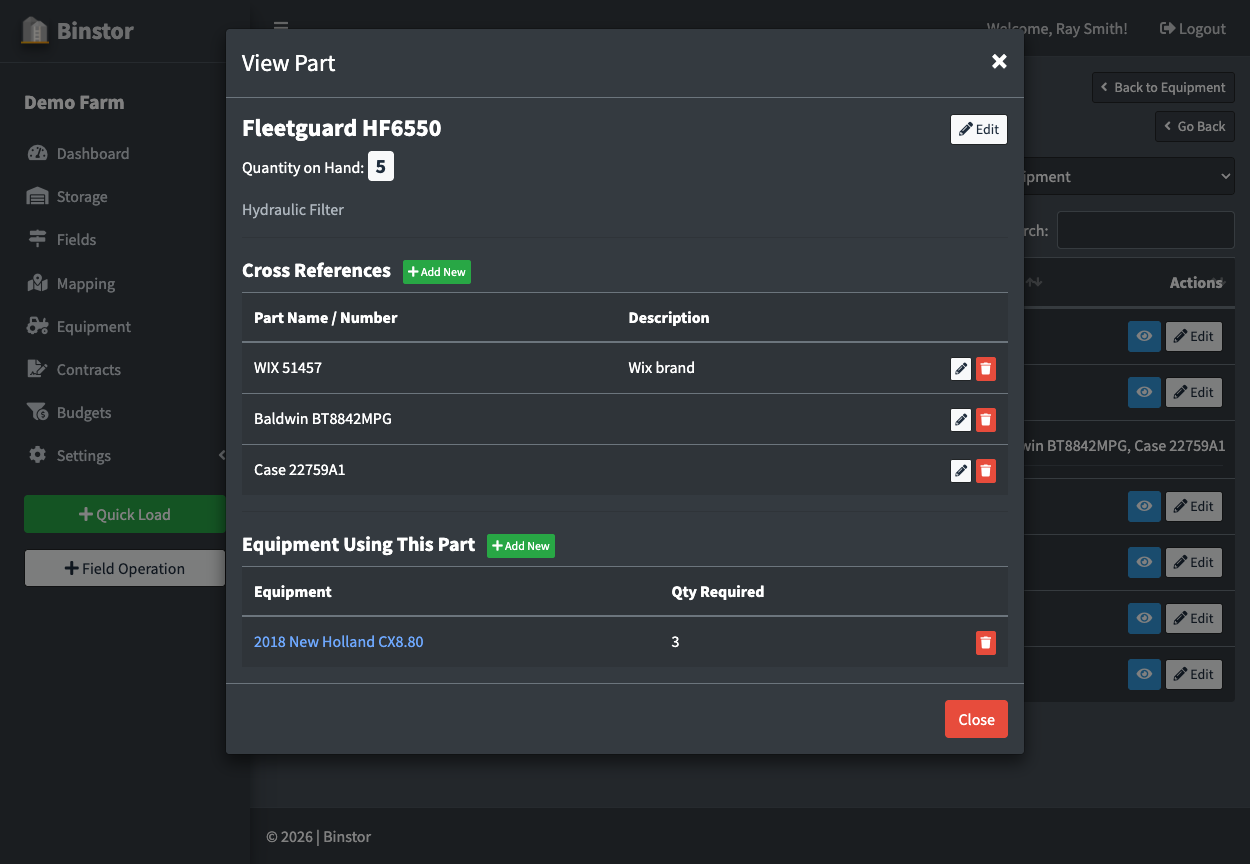 Parts Inventory Management Software showing total inventory, cross references, and connected equipment