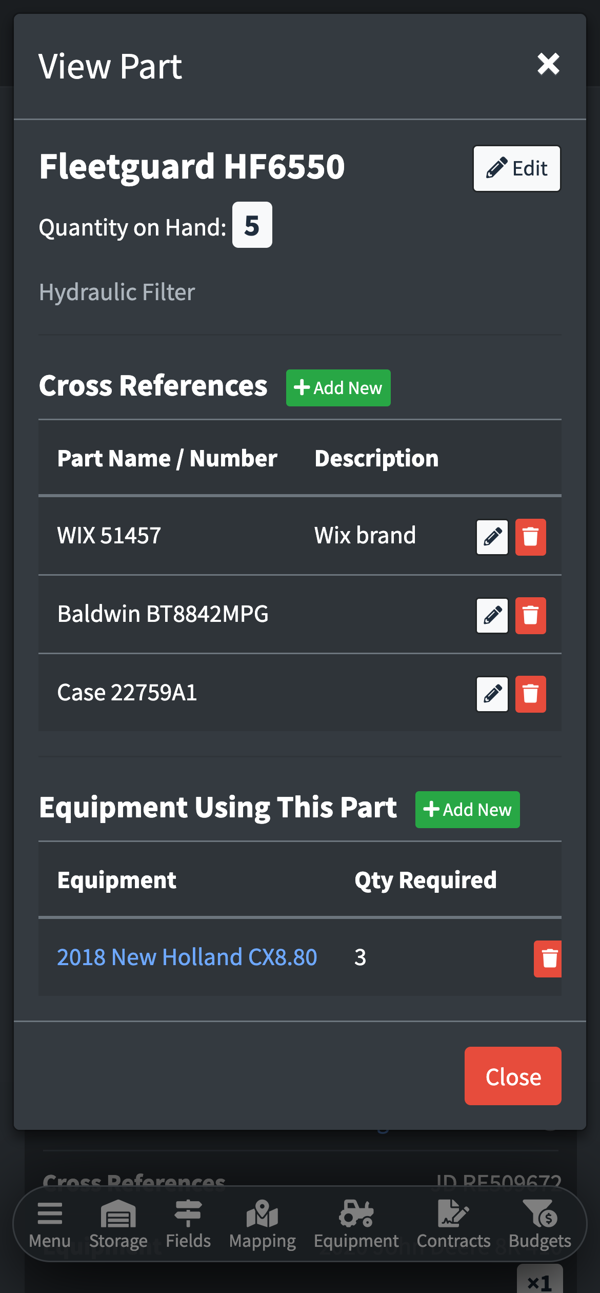 Parts Inventory Management Software showing total inventory, cross references, and connected equipment